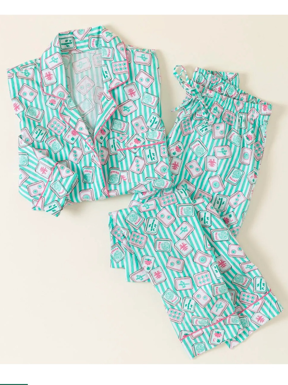 New O'2nd Mint Green Mahjong Tile Womens Pajama Set with Pink Accents